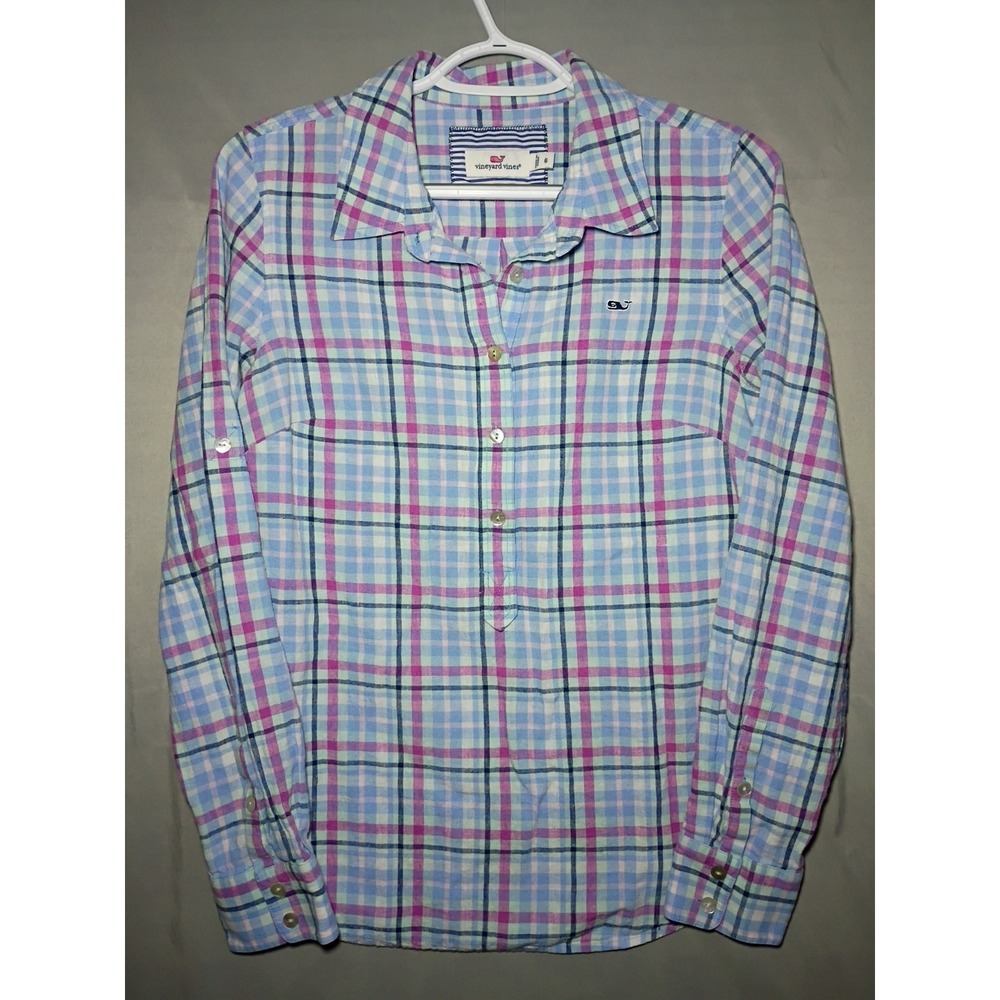 Vineyard Vines Popover Top Womens S Blue Plaid Roll Tab Sleeve Shirt Linen Blend